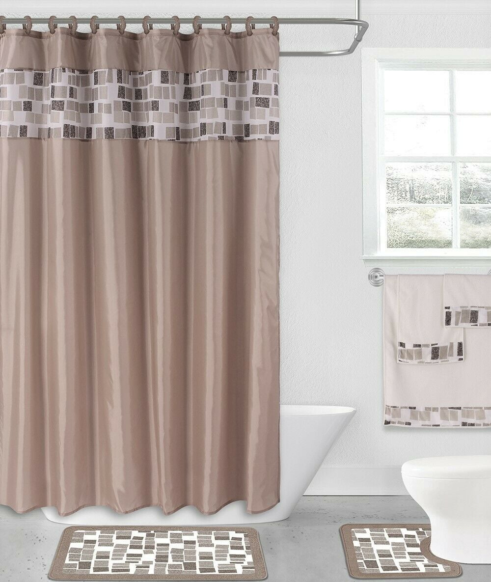 Details about   Fabric Shower Curtain Blue Brown Gray Geometric Design 12pc  Resin Hook Set 72L 