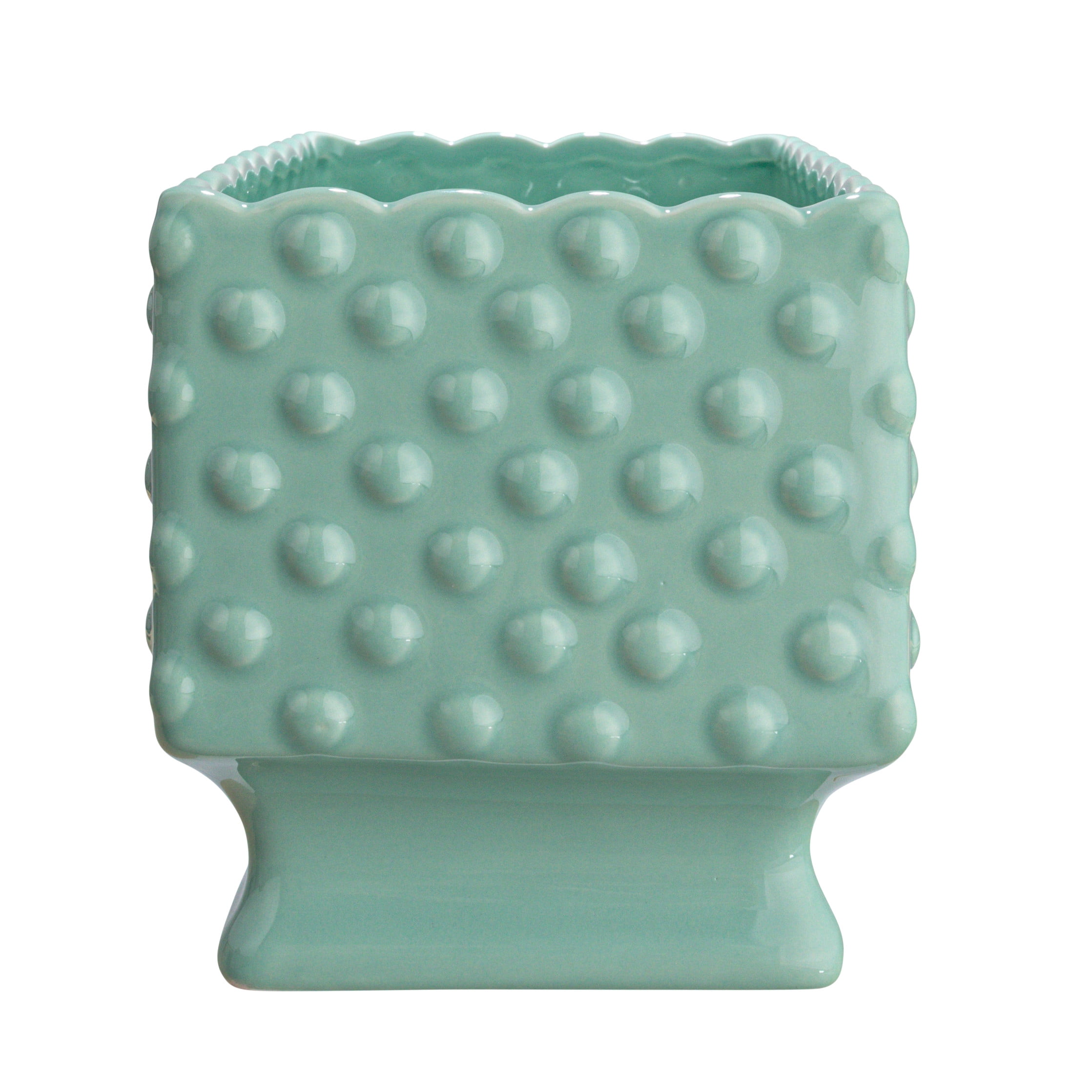 Creative Co-Op Ceramic Hobnail Planter with Scalloped Edge and Polka Dots, Mint