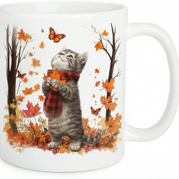 Fall Cat Maple Leaves Ceramic Mug 1 Side with Spoon, Cute Autumn Gift for Cat Lovers, Farmhouse Thanksgiving Decor