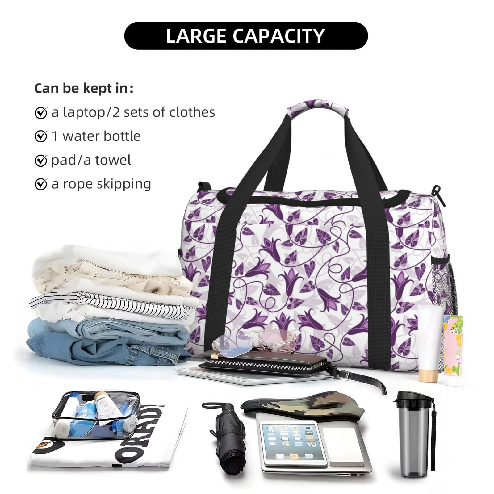 Fuzoiu Violets Flowers Print Travel Duffle Bag,Carry On Tote Bags,Duffel Bag,Sport Gym Bag, Hospital Bag for Labor and Delivery, Overnight Bag,Luggage Bag