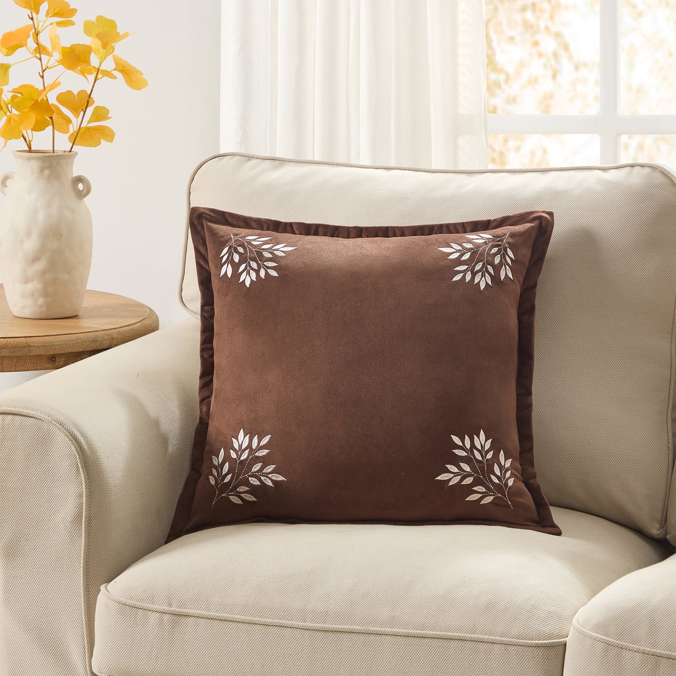 My Texas House 18 in x 18 in Brown Embroidered Leaves Velvet Decorative Pillow