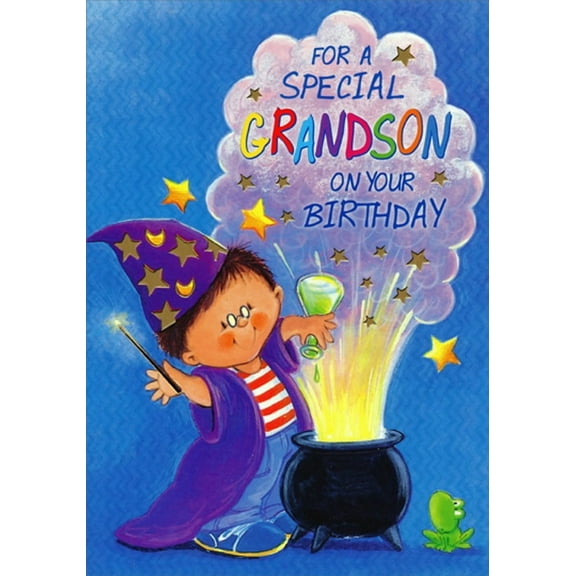 Designer Greetings Boy Wizard in Purple Robe Juvenile Birthday Card for Grandson
