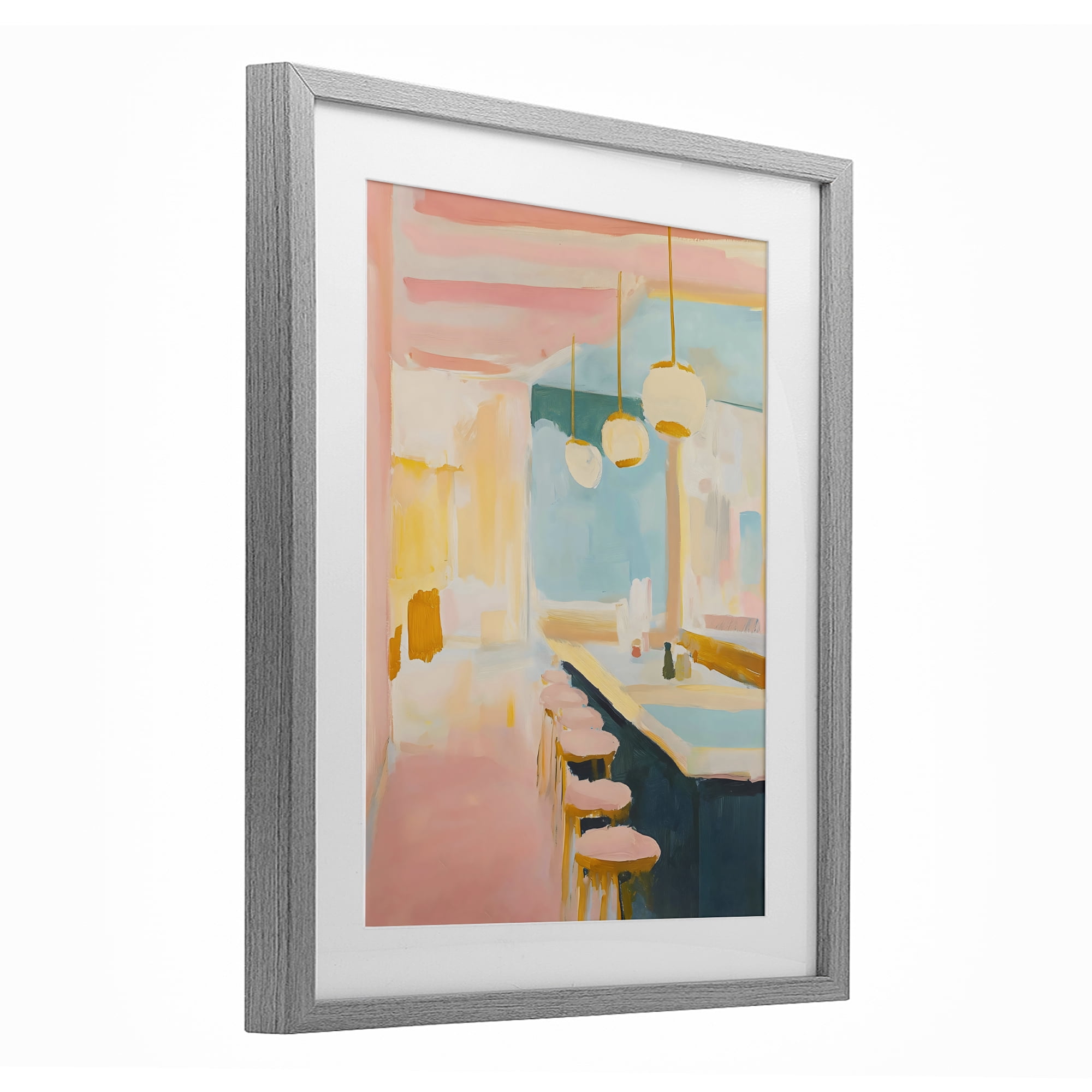 Stupell Industries Pastel Pink Bar Stools Gray Framed Print Under Glass, design by The Prints Vibe