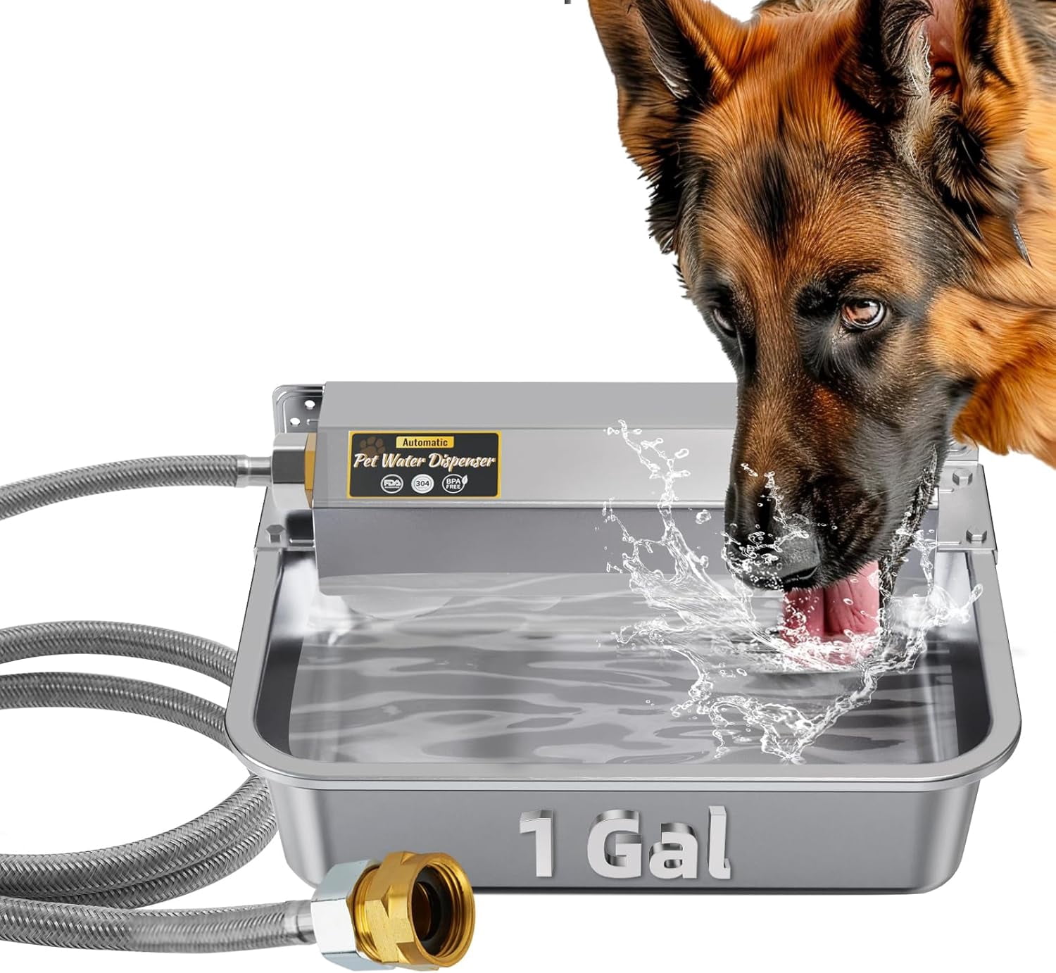 1Gal/3.8L Automatic Water Dispenser for Dogs, Patented Automatic Dog Waterer Bowl for Outdoor, Stainless Steel Water Bowl Dispenser for Livestock Chicken, Dog Feeder Fit 3/4'' GHT Faucet