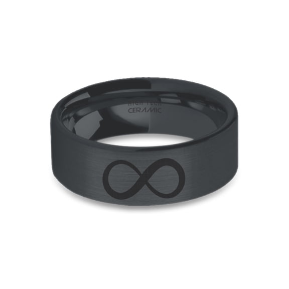 Infinity Symbol Engraved Black on Black Brushed Ceramic Wedding Band, 8mm, Size 15