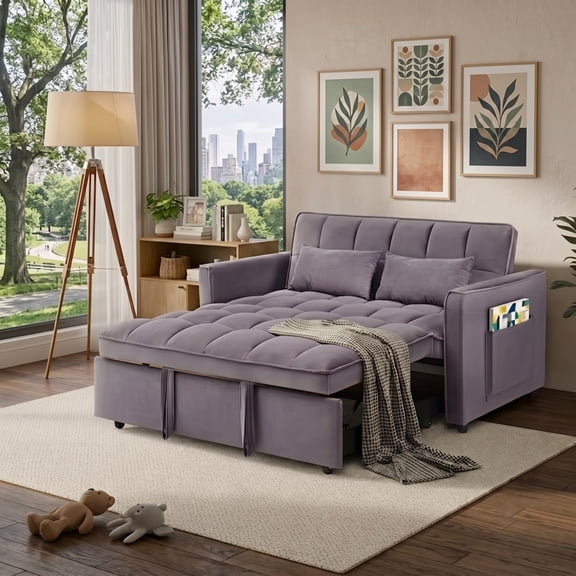 Howcool 55" 3 in 1 Convertible Sleeper Sofa Bed, Pull Out Loveseat Couch with Storage Pocket, Dark grey