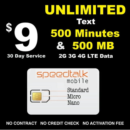 $9 GSM SIM Card Unlimited Text 500 Minutes and 500 MB Data 30 Day