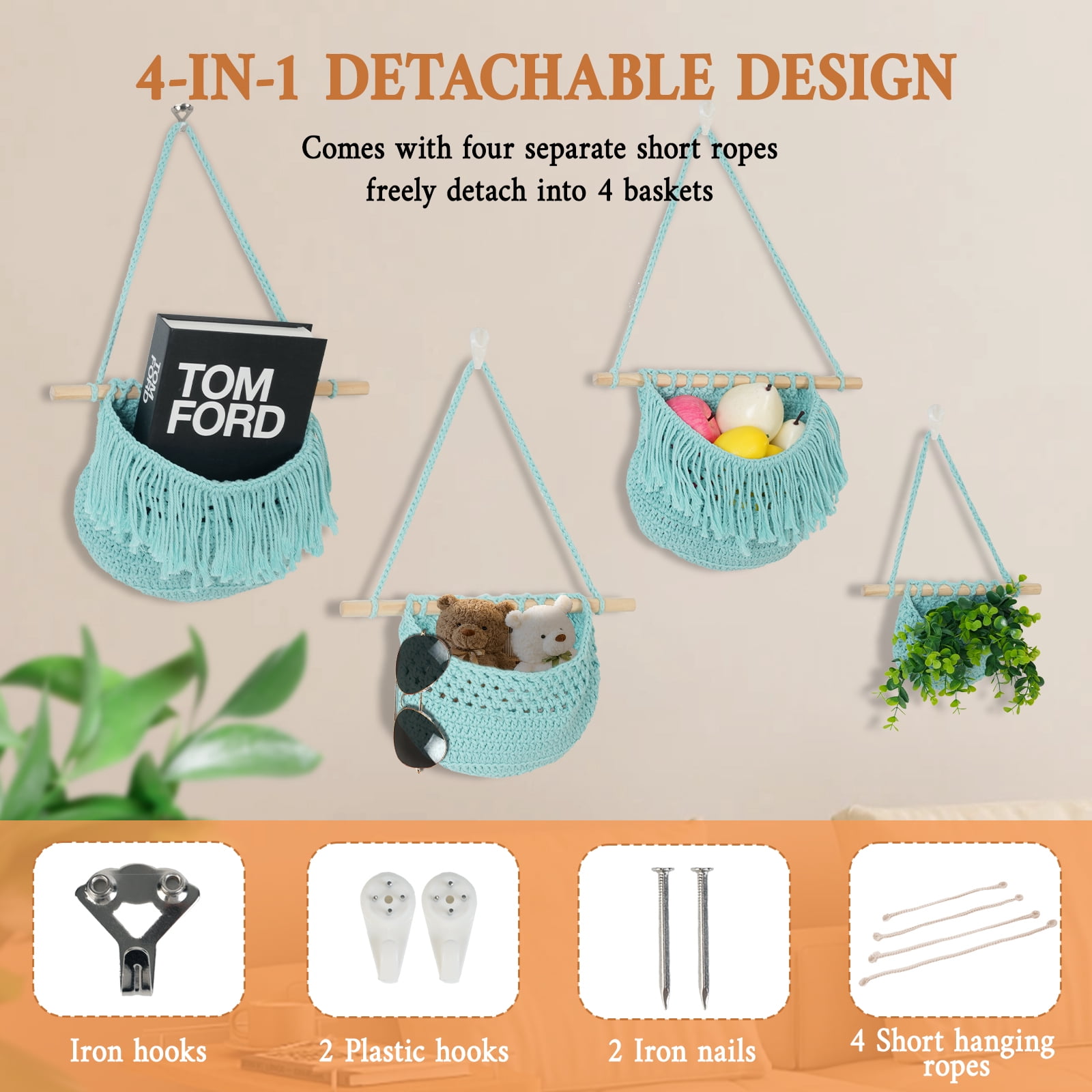 4 Tier Hanging Fruit Basket, Aqua Boho Handwoven Cotton Rope Macrame Fruit Storage for Kitchen Bathroom Bedroom, Detachable Wall Hanging Basket Over Door Organizer for Fruit Veggie Plant Decor