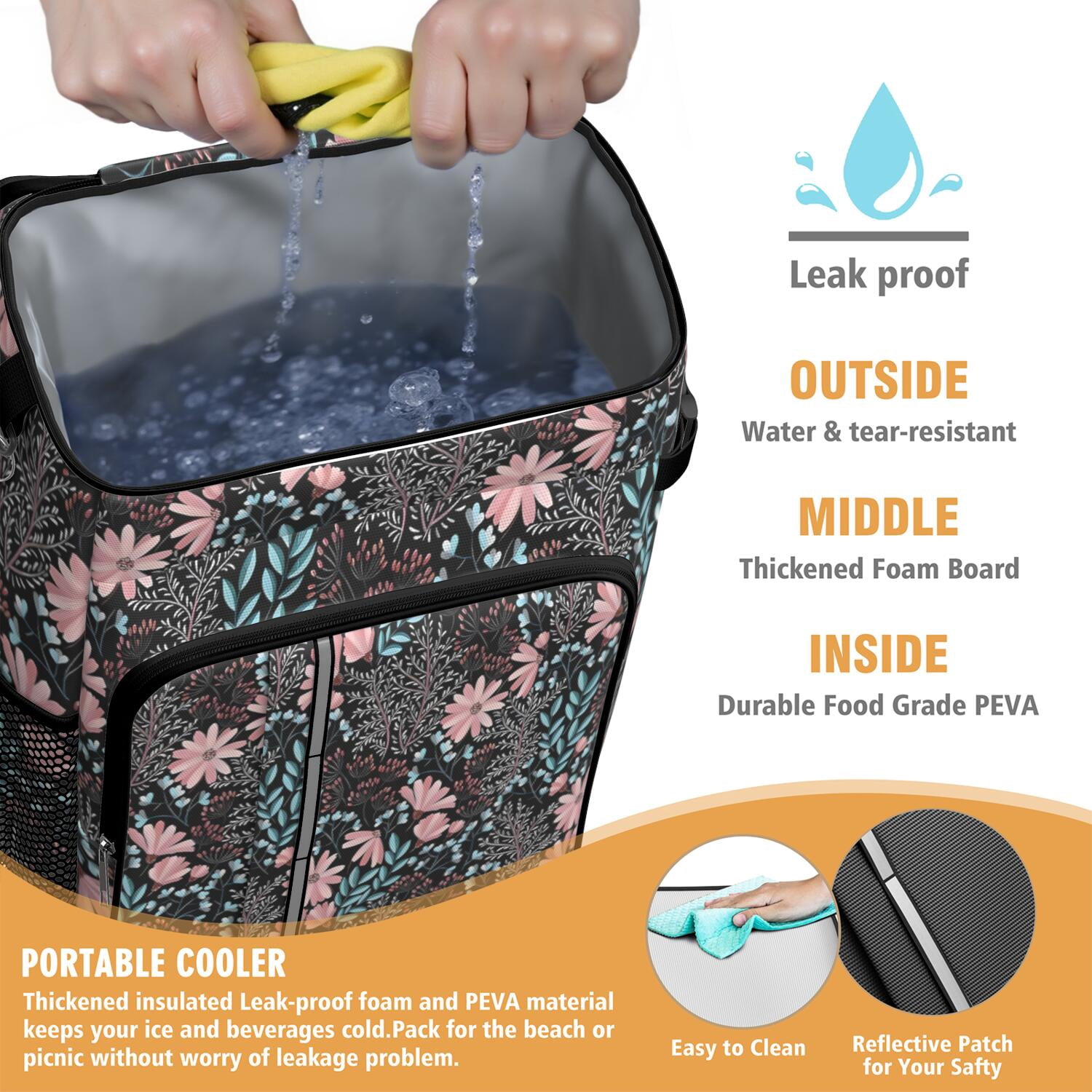 Travel Cooler Bag - Pioneer Flower Floral Print Pattern Camping Beer Cooler Backpack with Bottle Opener- Waterproof Insulated Picnic Backpacks - Cooler Bag for Beach