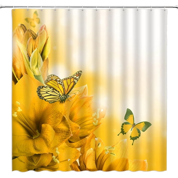 Flower Butterfly Shower Curtain Yellow Butterflies Floral Dream Spring Blossom Plant Beautiful Animal Wings Nature Garden Scene Home Decor Fabric Bathroom Set with Hooks（36" WX70 H）