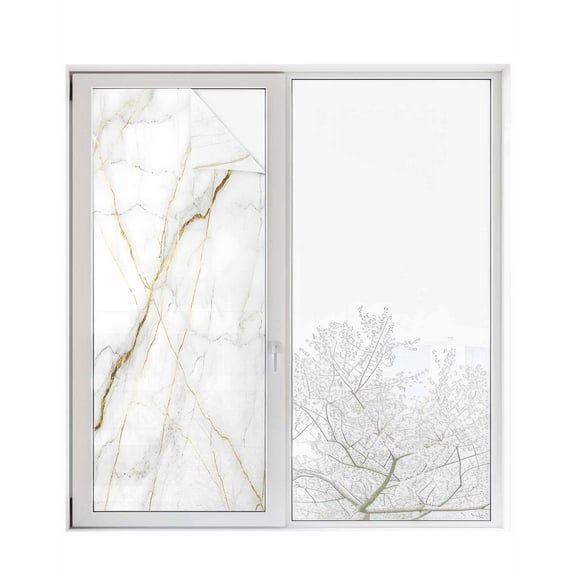 Window Privacy Film Marble Stained Glass Window Film Decorative Sun Block Window Cover Grey Golden Crack Minimalistic Abstract Window Clings Static Adhesive Sticker for Bathroom 23.6"x59"