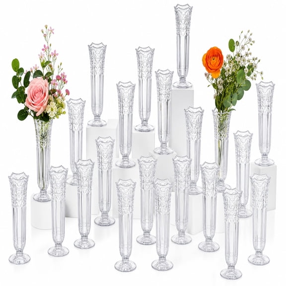 20Pcs Clear Plastic Bud Vases, 5.9 Inch Small Flower Vases with Embossed Floral Design, Table Centerpiece Decor for Events