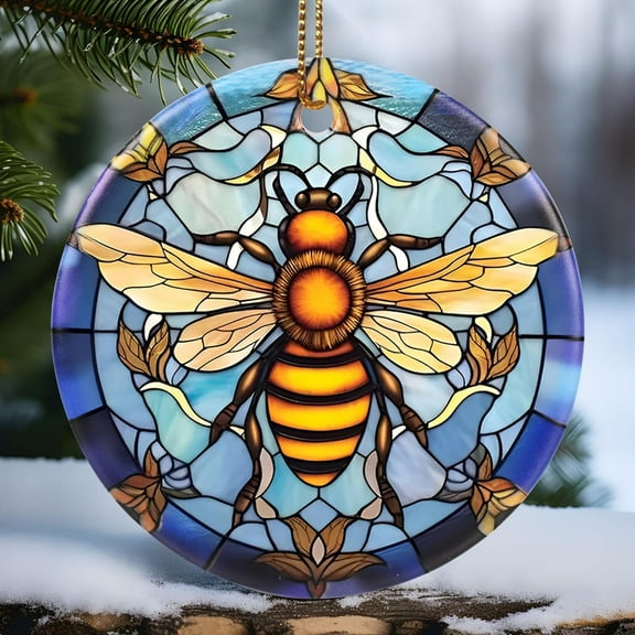 Christmas Ornament, Christmas Decoration, Holiday Present Idea, Heirloom Keepsake, Round Ceramic, Gift Exchange, Gift Idea, Bee (7.5 in)