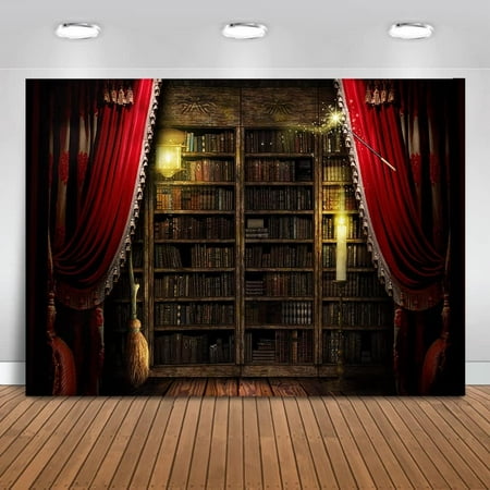 Image of Halloween Magic Bookshelf Backdrop Magic Wand Red Curtain Background Vintage Bookshelf Halloween Themed Party Cake Table Decoration Banner Photo Booth Props (7x5ft)