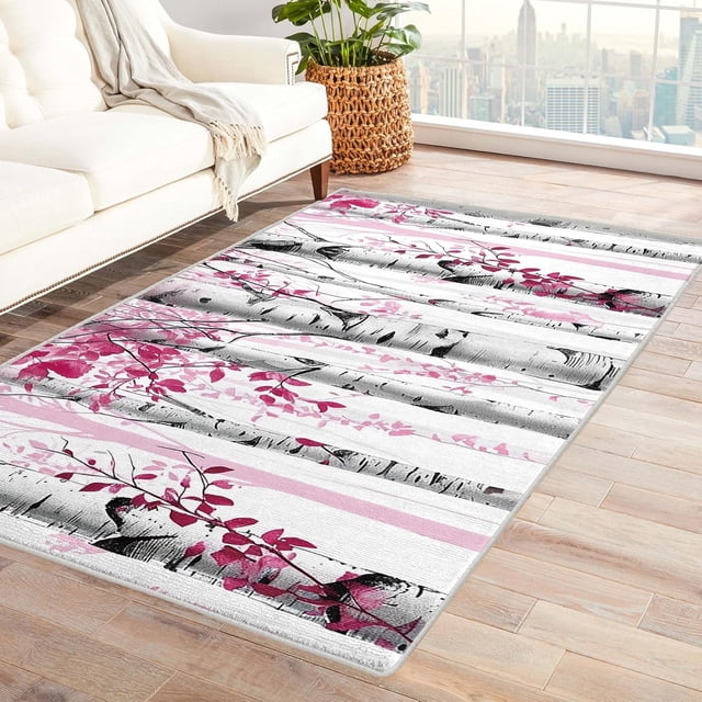 Tree Rugs for Living Room - Birch Rug & Home Decor, Pink Birch Tree Rugs for Entryway, Washable Rugs, 3x5 Area Rug, Non Slip Small Indoor Door Mat, Forest Carpet