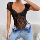 thumbnail image 3 of Mujeres Encaje malla bodysuit V Masajeadores de cuello manga corta ver a través de una pieza adelgazamiento bodysuit para fiestas clubes fechas s negro, 3 of 8