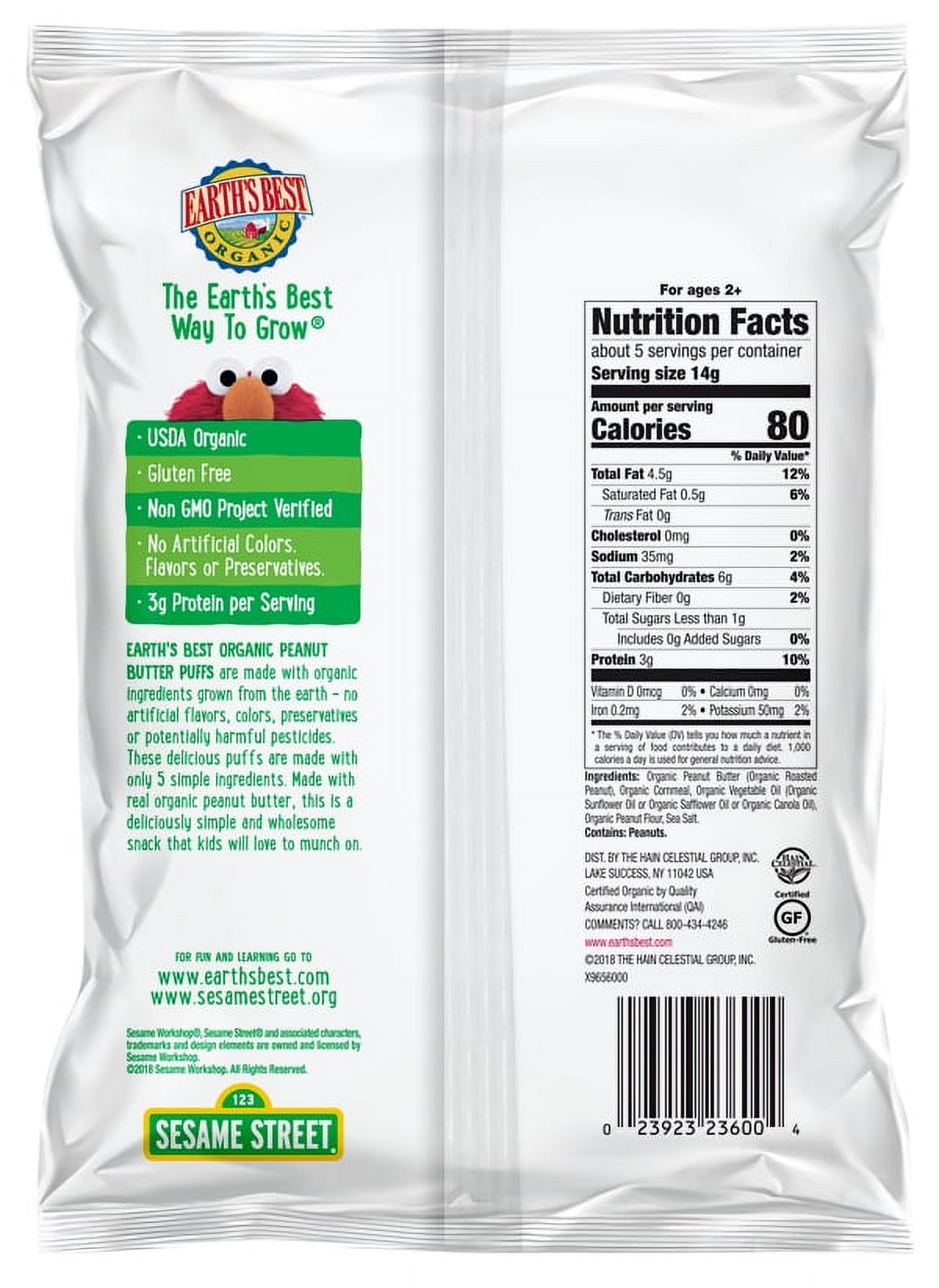 Earth's Best Organic Toddler Snacks, Peanut Butter Baked Corn Puffs, 2.5 oz. Bag - image 2 of 2