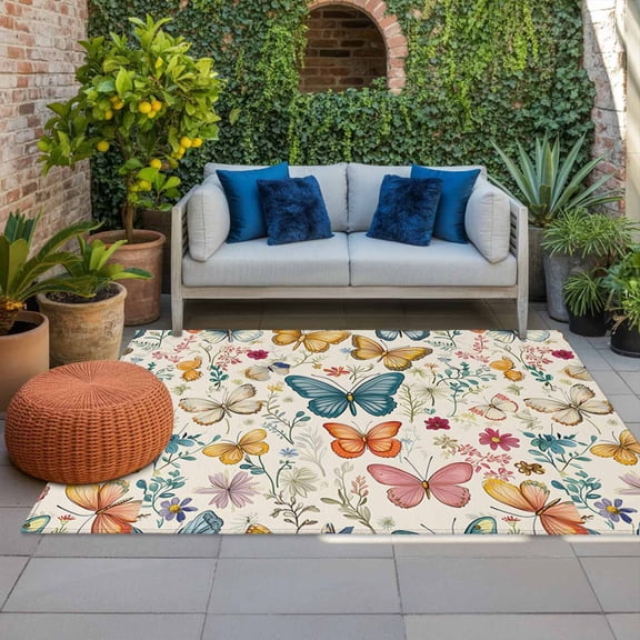 Outdoor Rug 3x5ft Watercolor Butterfly Large Area Rug Retro Country Indoor Outdoor Carpet Outdoor Rugs Mats for Patio Camping,RV,Front Door, Outside Decor