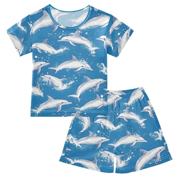 joogoo Cute Dolphin Jumping Pattern Pajama Sets Short Sleeve Cotton 2-Piece Sleepwear 10Y