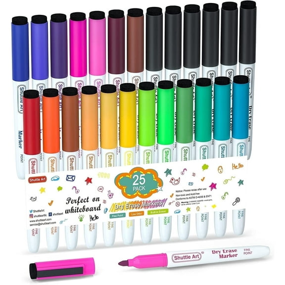 Dry Erase Markers, Shuttle Art 25 Pack 19 Colors with 6 Black Whiteboard Markers,Fine Tip Dry Erase Markers for Writing on Dry-Erase Boards, Calender, Office