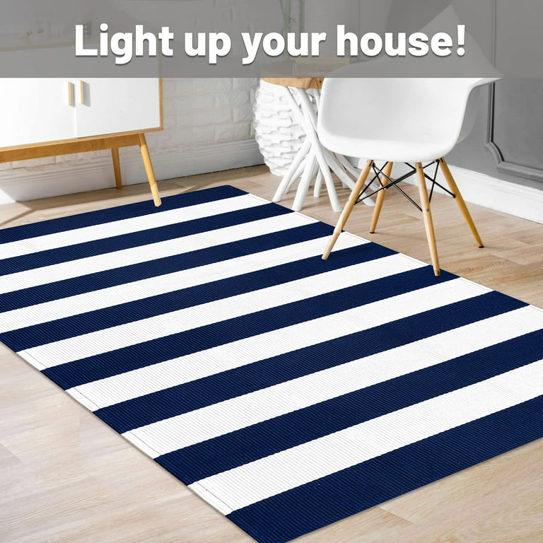KOZYFLY Striped Outdoor Rug 3x5 Ft Front Door Rug Navy and White Hand Woven  Cotton Blue Washable Outdoor Doormats Outdoor Entrance Mat for Front Door