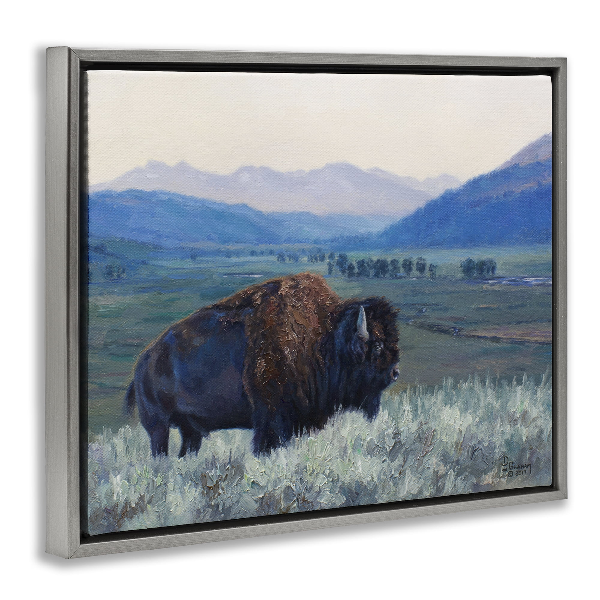 Stupell Industries Bison & Country Mountains Animals & Insects Painting Gray Floater Framed Canvas Art Print Wall Art, 21 x 17