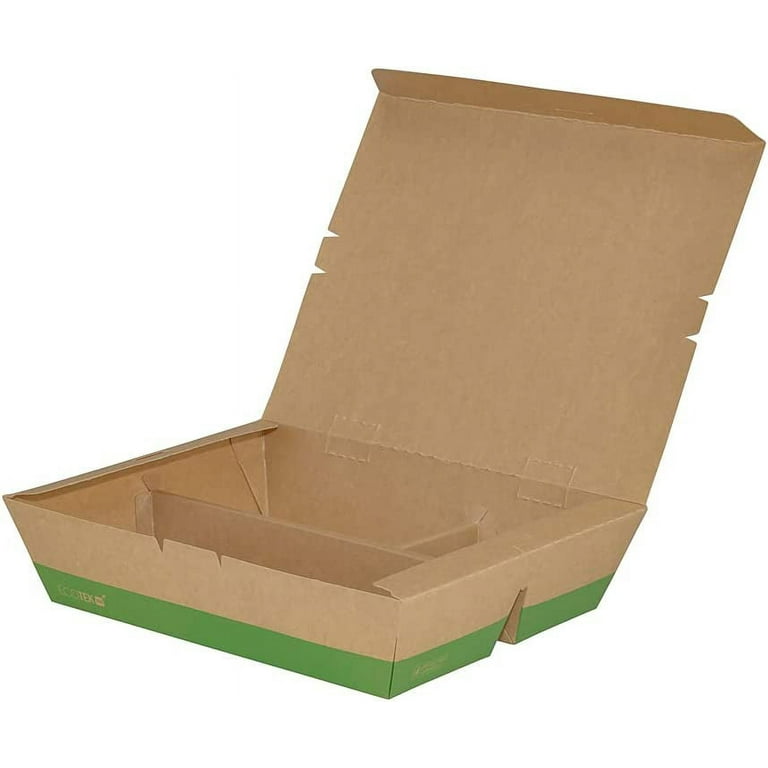 Bio Tek Rectangle Kraft and Green Paper Deep Lunch Box - with Handle - 9 inch x 7 inch x 4 inch - 100 Count Box, Size: Large