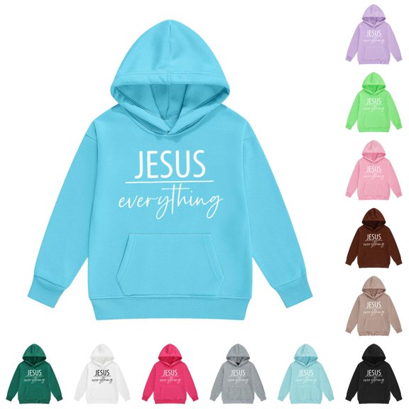 Weebloom Little Girls Hoodies Jesus Sweatshirts Letter Long Sleeve Pocket Hoodie Jacket Sky Blue 6-7 Years