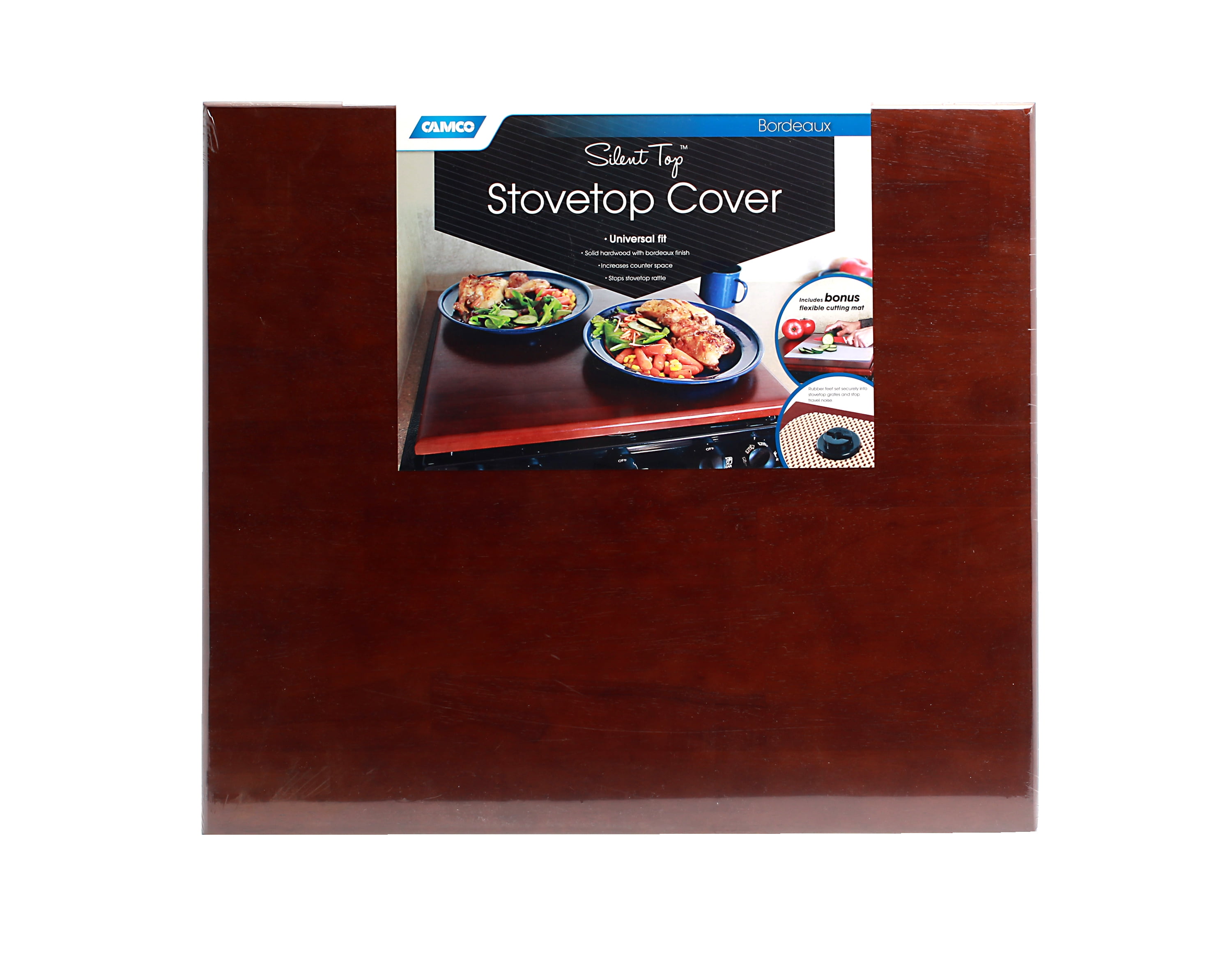 Camco Camper/RV Silent Top Stovetop Cover | Features a Bordeaux Finish with a Non-Toxic Protective Gloss & 4 Non-Slip Rubber Feet | Includes Bonus Flexible Cutting Mat | 19.5" x 17" x .75" (43526)