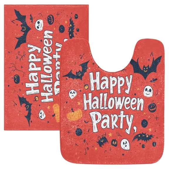 2 Piece Soft Bathroom Rug Set Red Cute Halloween Pattern Bath Mat and U-Shaped Toilet Contour Rug (16"x24" 20"x24")