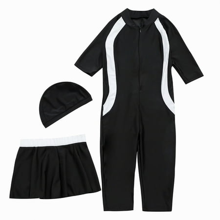 Coerni Teen Swimsuit 3 Piece Bathing Suits Kids Boys One Piece Long Sleeve Rash Guard Zipper Swimwear with Hat and Swim Shorts
