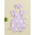thumbnail image 2 of Bagilaanoe Newborn Baby Girl Summer Rompers Floral Print Fly Sleeve Bodysuits + Headband 3M 6M 12M 18M Infant Waffle One Piece Jumpsuit, 2 of 7