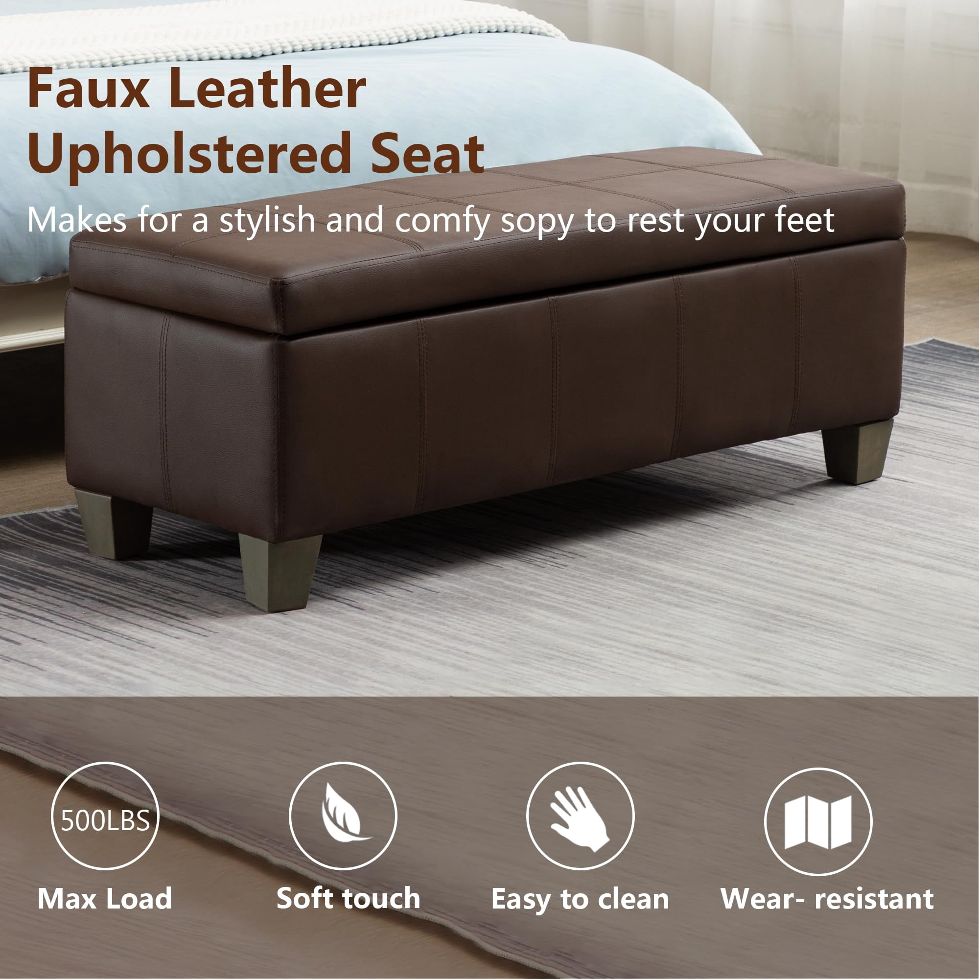 Foredo Rectangle Ottoman with Storage, Modern Faux Leather Bench with Solid Wood Legs, Ottoman for Living Room, Bedroom and Entryway, Brown