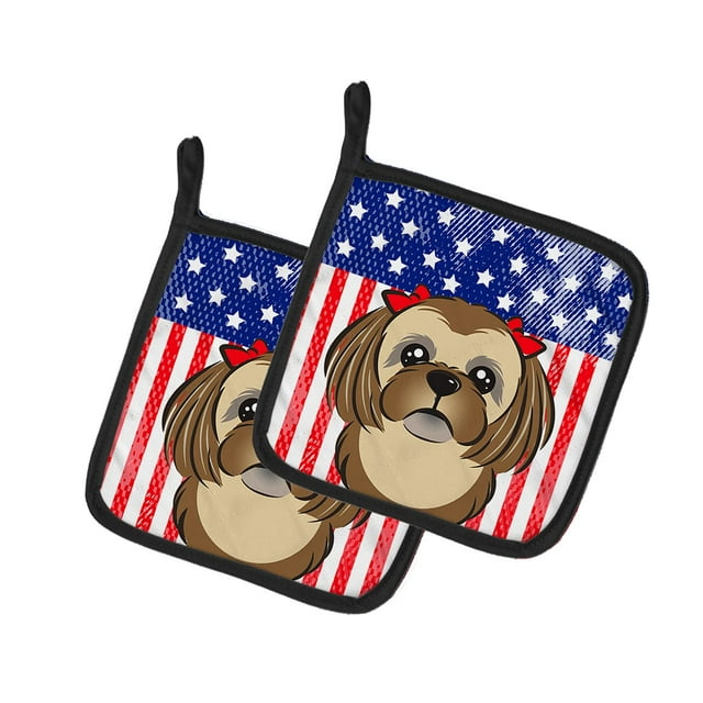 ""Caroline'S Treasures Par De Agarraderas Para Ollas Con Bandera Estadounidense Y Shih Tzu Marrón Chocolate Bb2179Pthd 7.5Hx7.5W Multicolor""