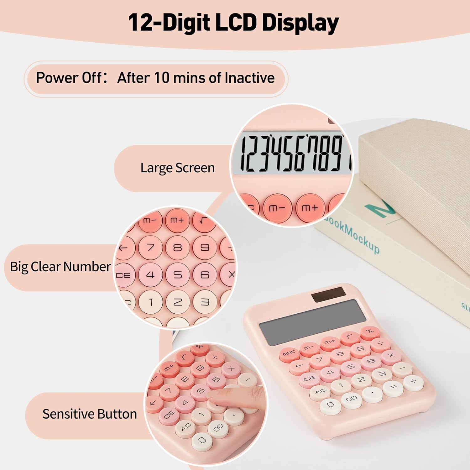 Small Desktop Calculator with LCD Large Display and Sensitive Button, Dual Solar Battery Powered Automatic Sleep Basic Cute Calculators for Office, School Business (Pink)