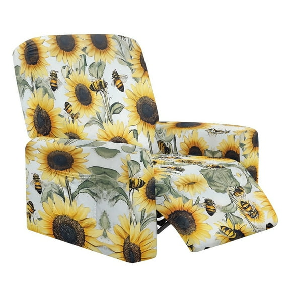 Xoenoiee Sunflower Bee Pattern Recliner Slipcovers for Living Room, 4 Pieces Stretch Jacquard Recliner Chair Cover Soft Fitted Recliner Protector with Elastic Bottom for Kids, Pets