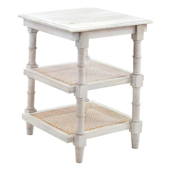 Pemberly Row Chesterfield Wood & Cane Accent Table in Whitewash