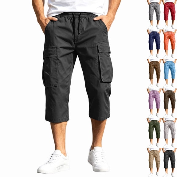 Zimjoy Men's Cargo Shorts Relaxed Fit Elastic Waist Stretch Lightweight Below The Knee Bermuda Casual Outdoor Hiking Shorts with 4 Pockets Black L