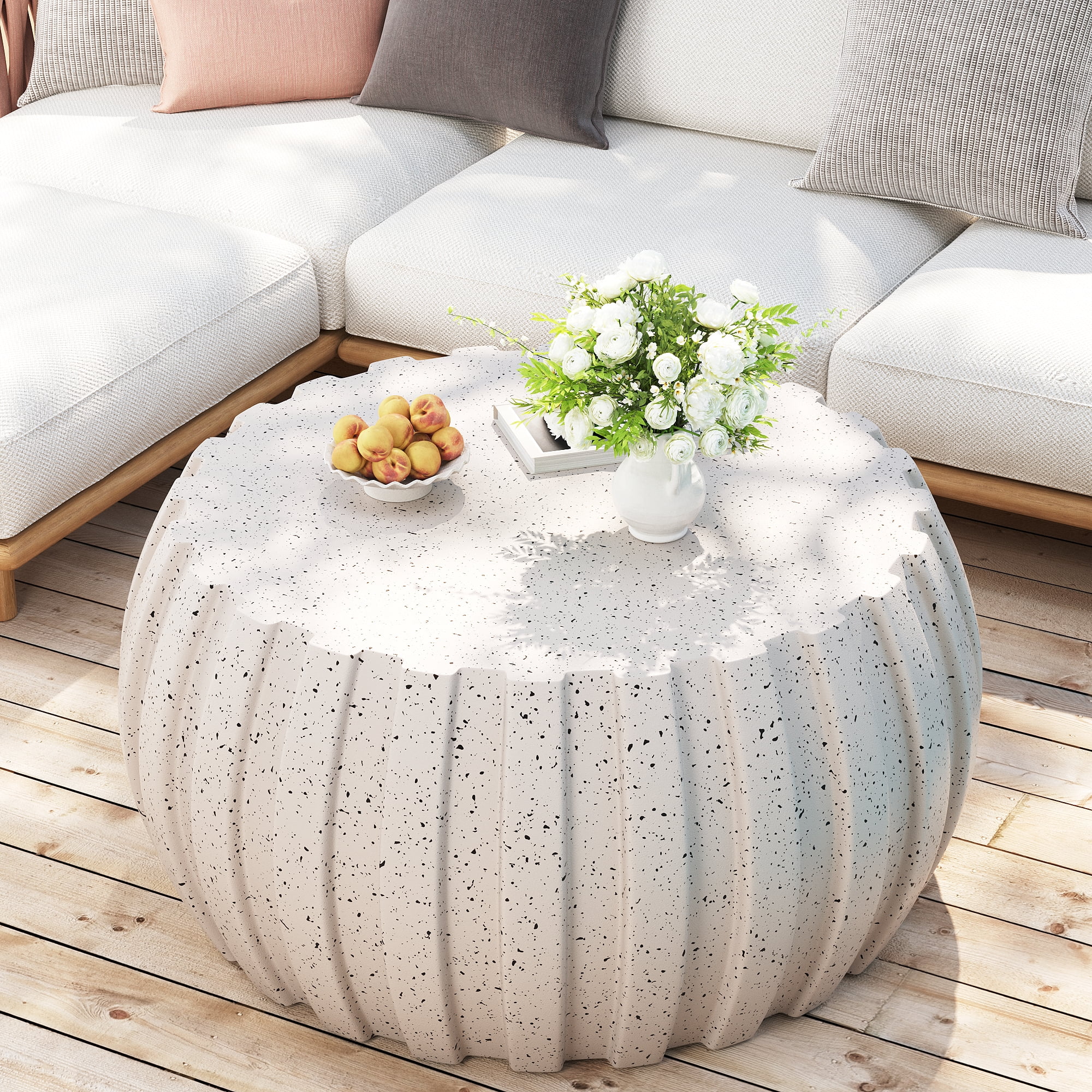 FFH 35.43" Coffee Table for Living Room, Modern Patio Coffee Table, Waterproof, Durable MgO Cement Design, White