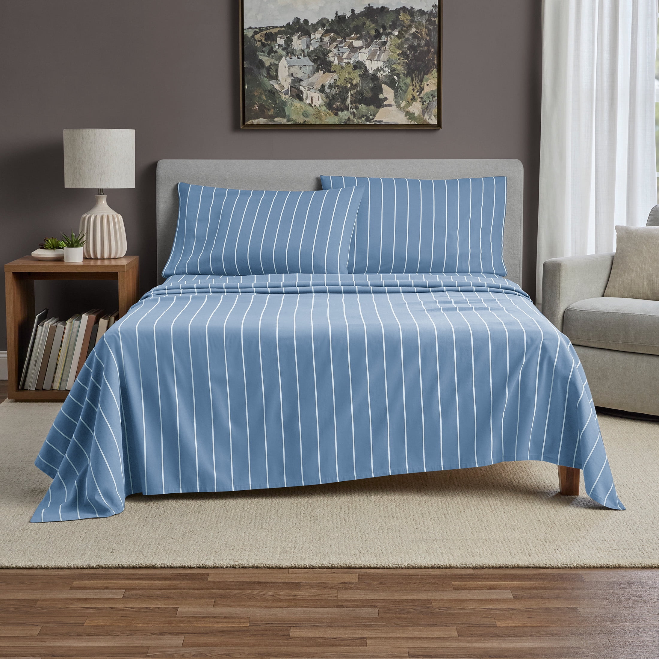Mainstays 100% Cotton 4-Piece 220 Thread Count Blue and White Stripe 100% Peached Cotton Dreamy Soft Bed Sheet Set, Queen