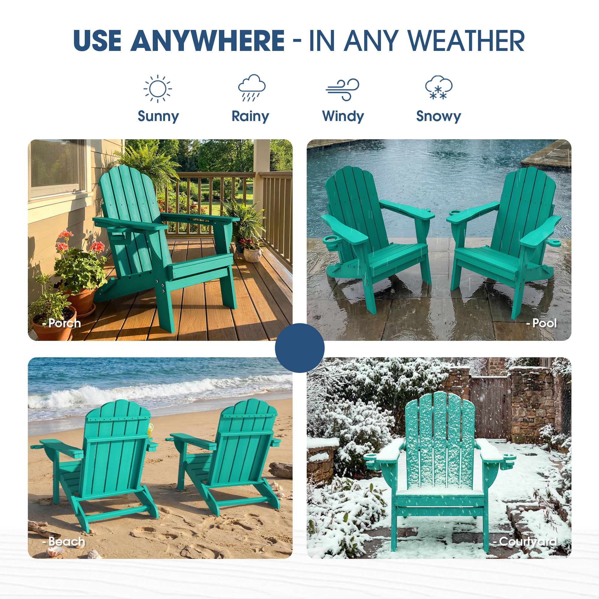 Folding Adirondack Chair, All-Weather HDPE Plastic Patio Fire Pit Chair, Aqua