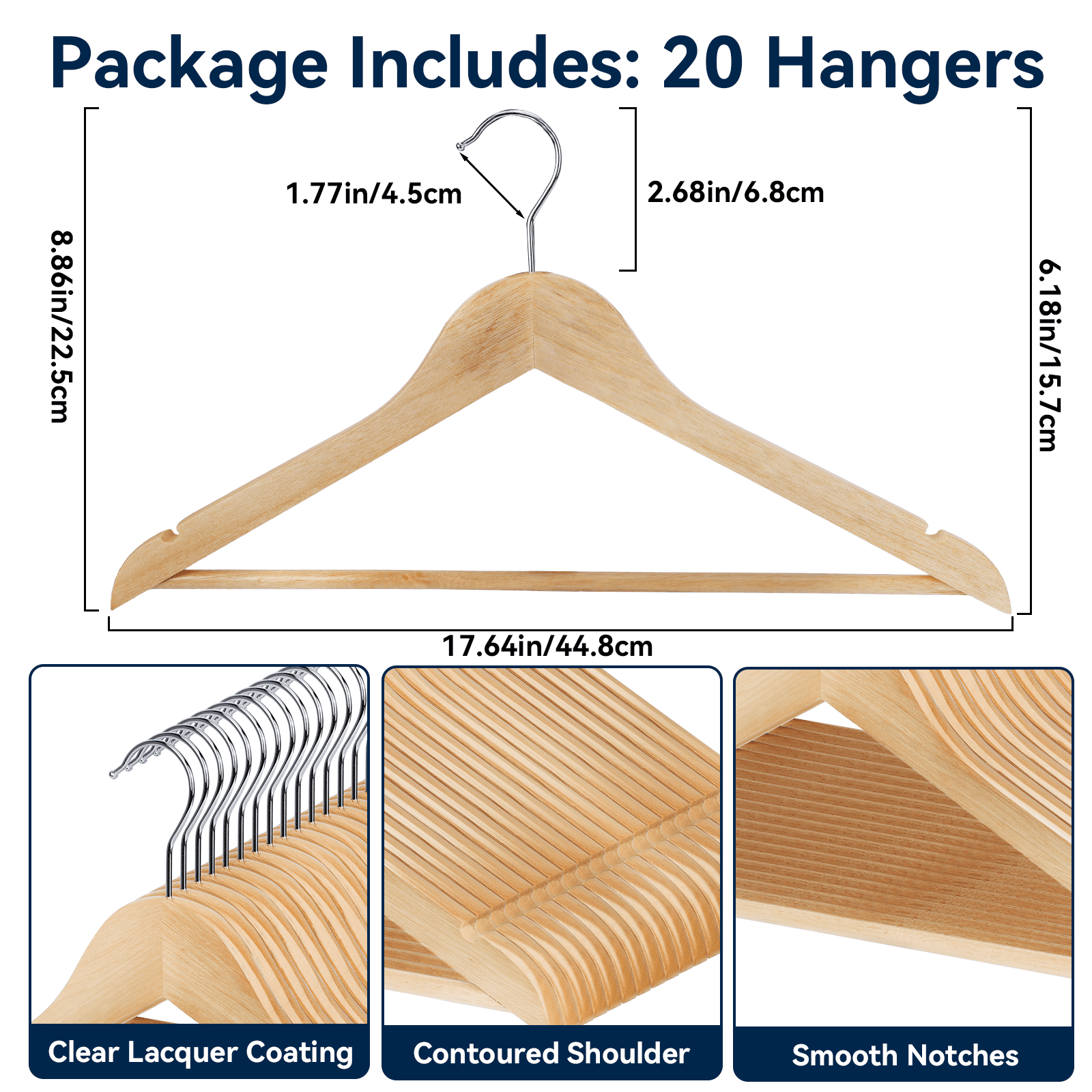 LIZEVINC Wooden Hangers 20 Pack, Natural Wood Suit Hangers with Non-Slip Pants Bar and 360° Swivel Hook, Cloth Hangers for Shirts, Jackets, Dress, Pant