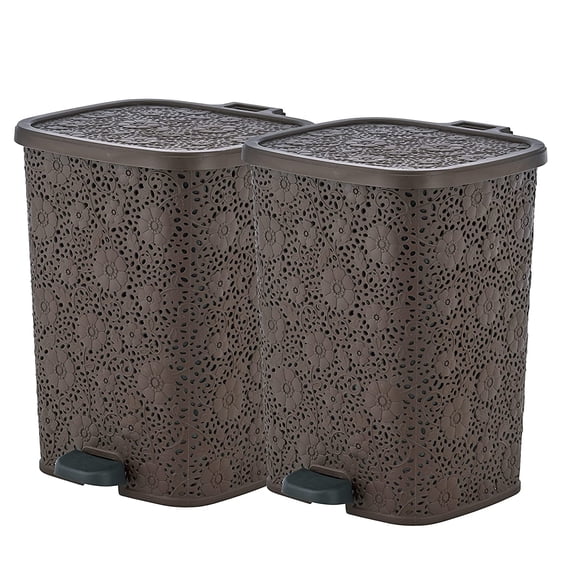 Compact Plastic Step-On Trash Can, 2 Pack Indoor and Outdoor Waste Bin with Foot Pedal, Brown Decorative Garbage Bin with Lace Design, 6 Qt Small Trash Can for Kitchen, Bathroom, Bedroom, Patio, Yard