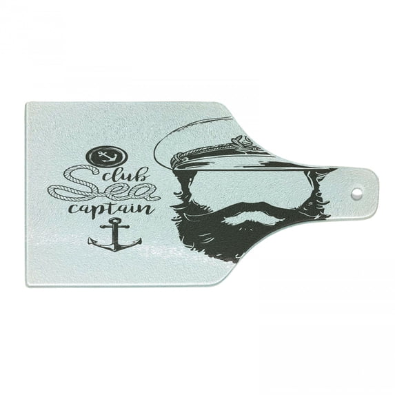 Anchor Cutting Board, Portrait of a Faceless Captain with Hat and Beard Seaman Character Illustration, Tempered Glass Cutting and Serving Board, Wine Bottle Shape, Brown White, by Ambesonne