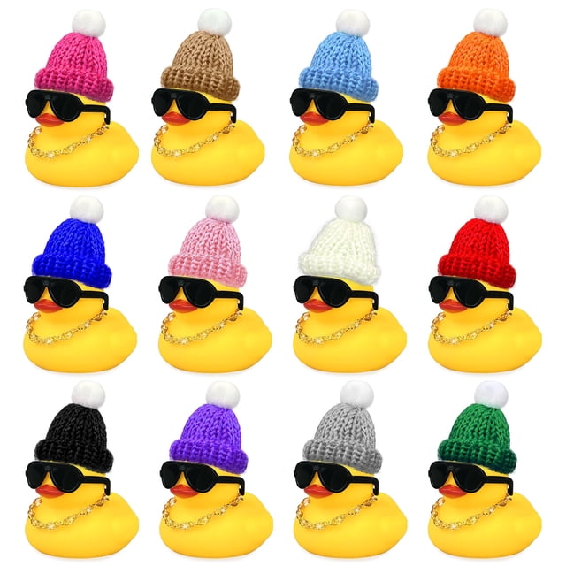 Juego de 12 mini patos con mini sombreros, collar y gafas de sol, juguete de pato de baño para Baby Shower, cumpleaños, fiesta de natación, regalo, decoraciones