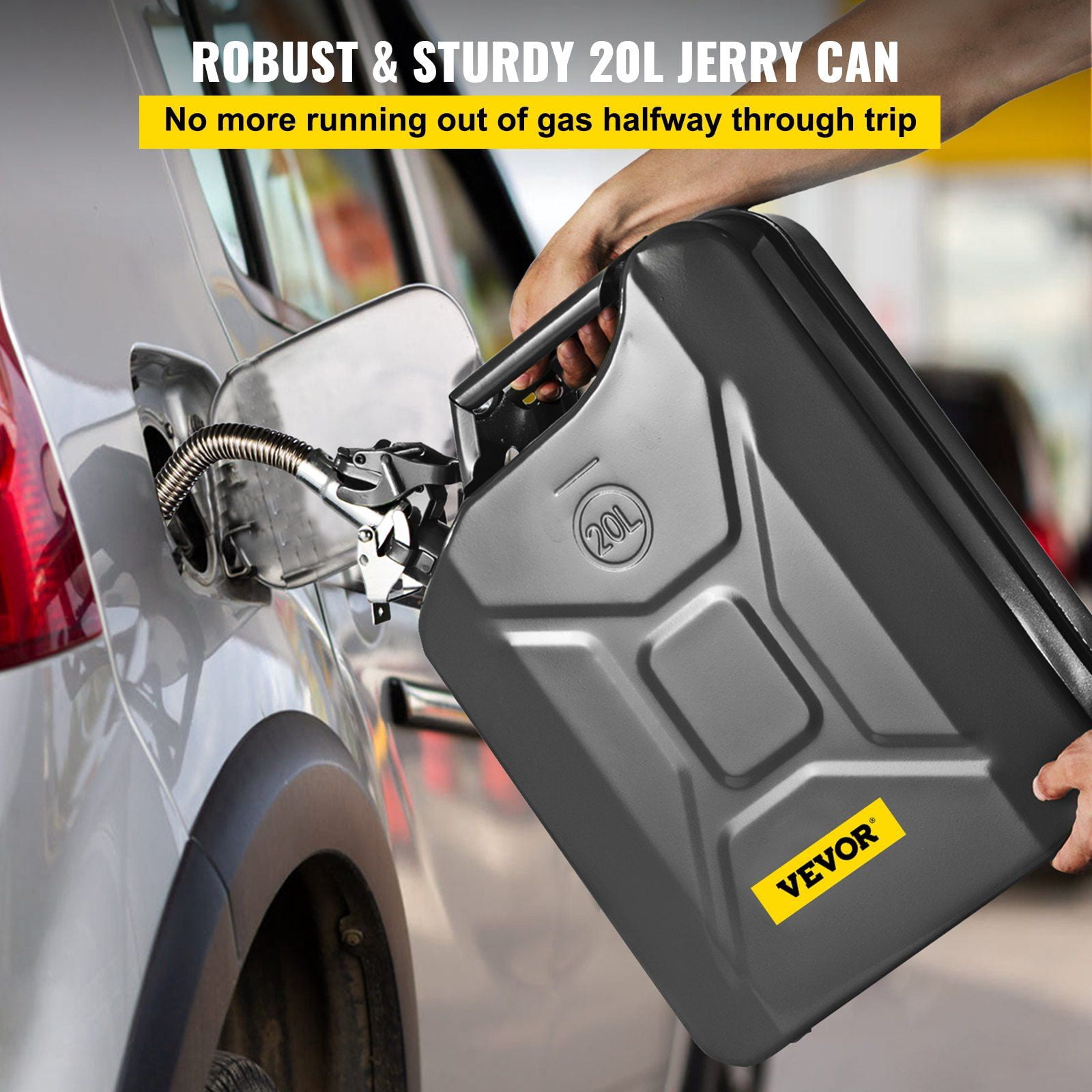 Jerry Fuel Can, 5.3 Gallon / 20 L Portable Jerry Gas Can with Flexible Spout System, Rustproof & Heat-resistant Steel Fuel Tank for Cars Trucks Equipment, Black