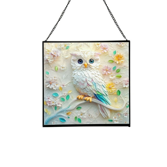 Tiffany Style Owl Square Stained Glass Suncatcher – Handmade Hanging Window Panel for Nature-Inspired Home, Garden, Office Decor 47CA11