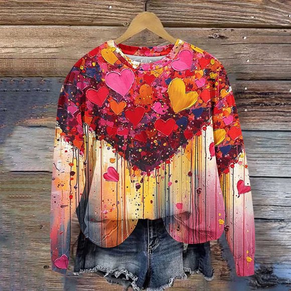 TaTaai Ladies Love Themed Crewneck Sweatshirt, Printed Long Sleeve Casual Blouse, Cute Valentine Wear Gift