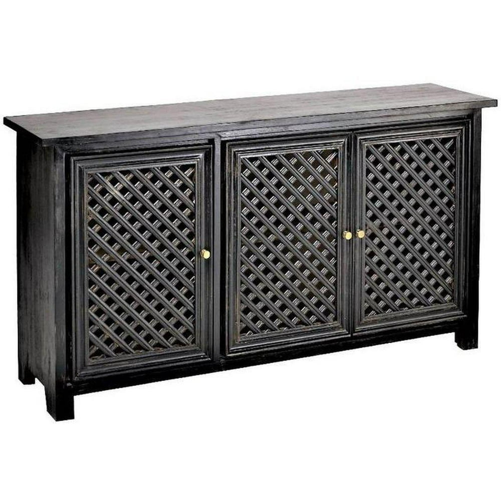 72" Black Distressed Wood Sideboard Buffet Carved 3 Doors Server