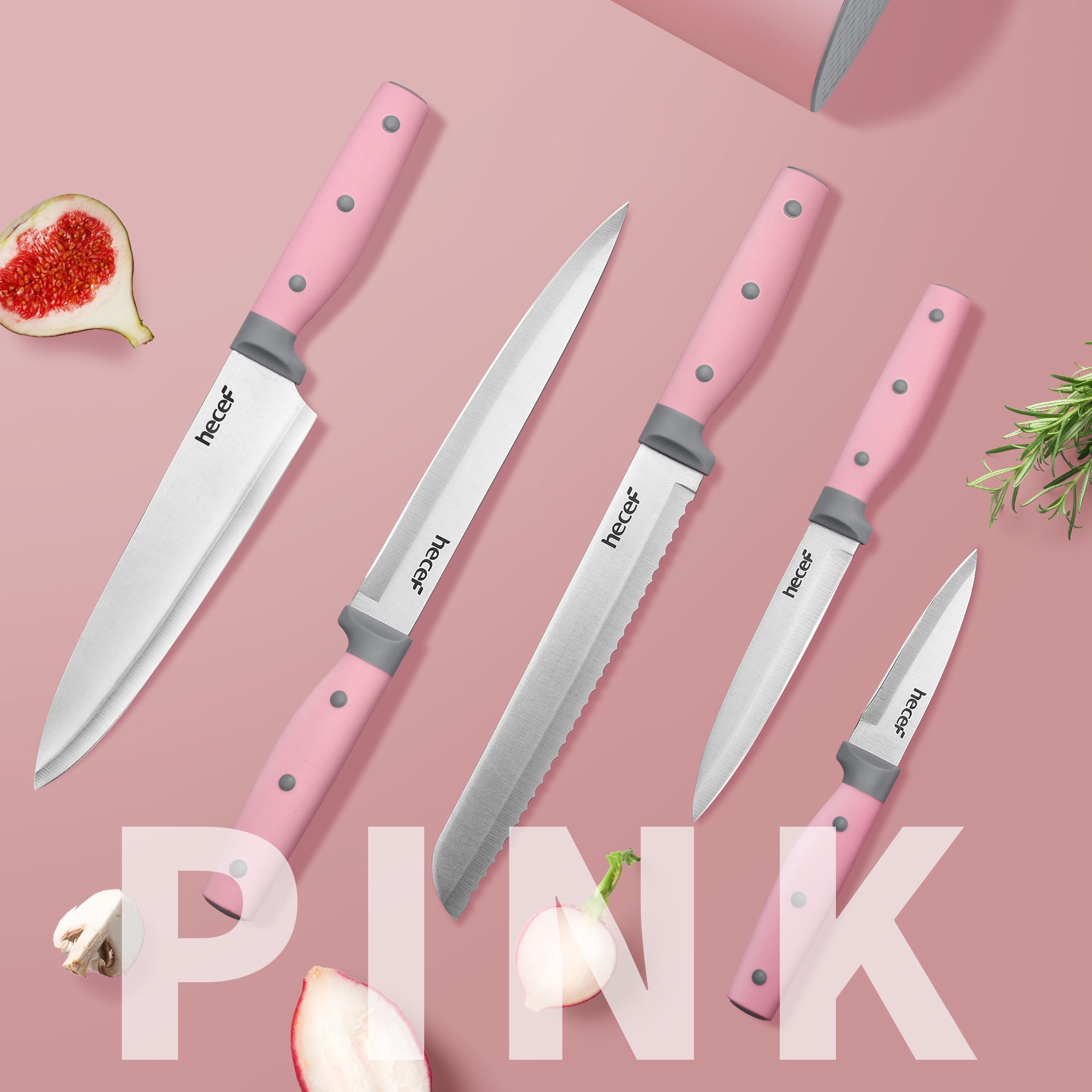 Hecef 6-Piece Kitchen Knife Set with Universal Holder, High Carbon Stainless Steel Pink Knives